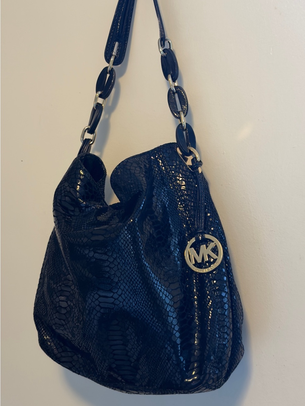 Michael Kors Black Glossy Python-Embossed Shoulder Fulto Hobo bag